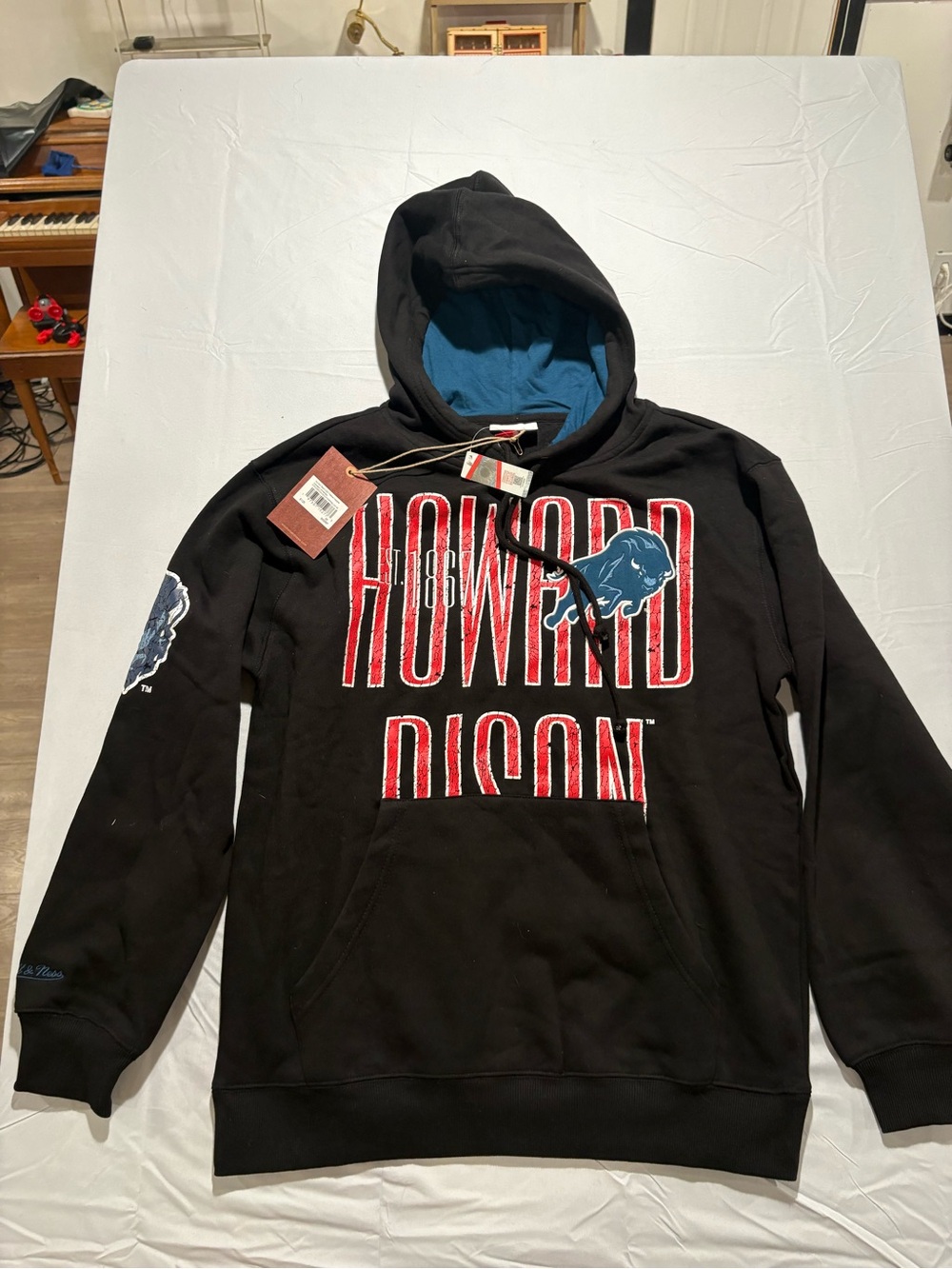 Nostalgia Black Hoodie with Blue Hood Lining and Red Lettering